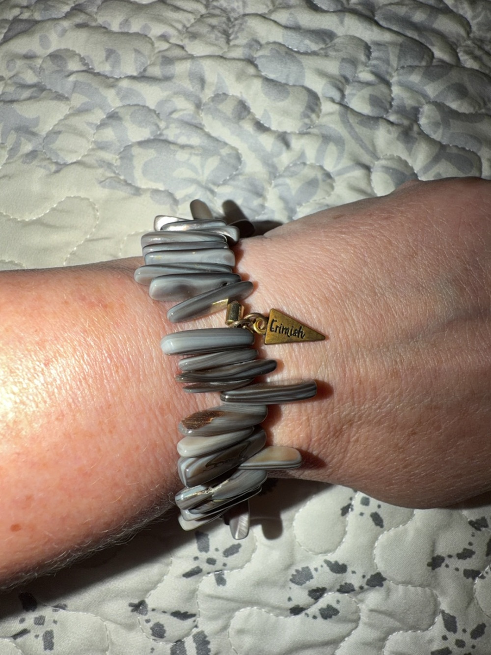 Erimish Gray Agate Chip Stretch Bracelet with Gold Logo Charm